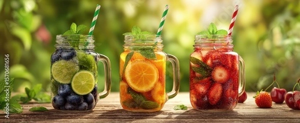 Fototapeta The refreshing trio of fruity drinks in mason jars on a wooden table.