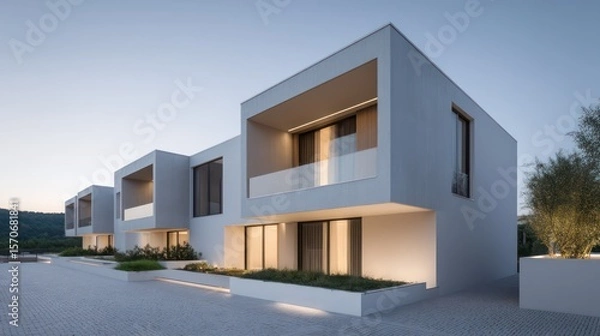Fototapeta Minimalist duplex with staggered massing deep-set balconies photographed at twilight with rim-lit architectural outline glowing ambient light within