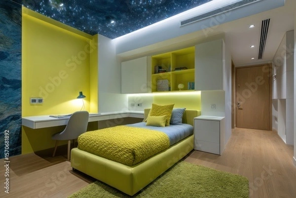 Fototapeta Kid bedroom in bright lime and sapphire, LED-lit ceiling stars casting gentle overhead ambient glow, high-detail texture in