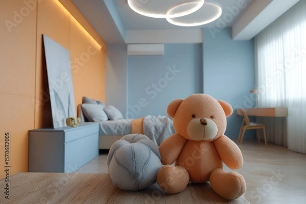 Fototapeta Kid bedroom in orange sherbet and cloud blue, overhead ring light casting soft circular highlights, detailed stitched toys