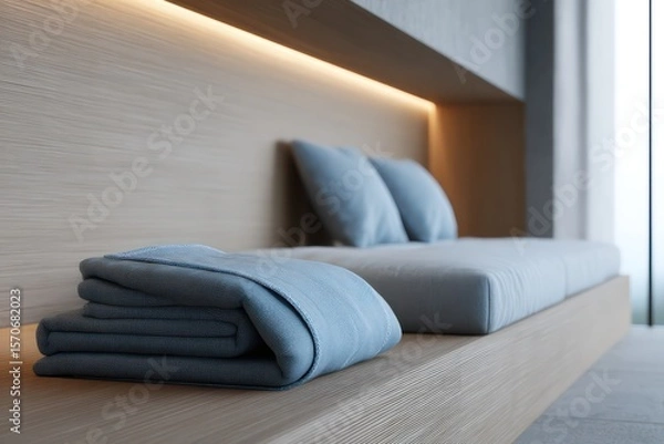 Fototapeta Minimalist layout in cloud white and steel blue, soft rim light behind bed head casting gentle halo glow,