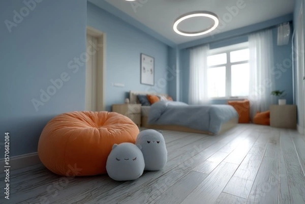 Fototapeta Kid bedroom in orange sherbet and cloud blue, overhead ring light casting soft circular highlights, detailed stitched toys