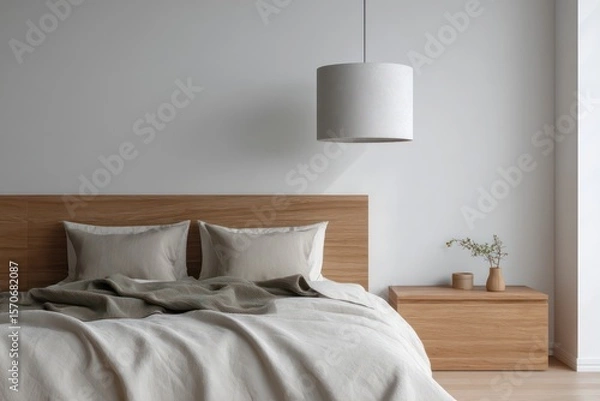 Fototapeta Minimalist layout in bone white and eucalyptus, top-down pendant creating shadow circles on bedding, smooth matte finishes on