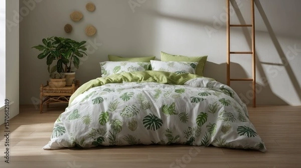 Fototapeta Kid bedroom in jungle tones, top corner light projecting animal pattern shadow onto floor, vibrant cotton bedding with