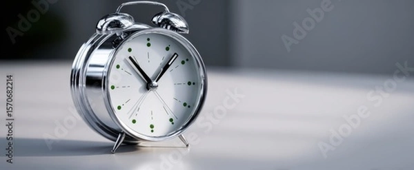 Fototapeta The modern silver alarm clock showing time in a stylish interior setting.