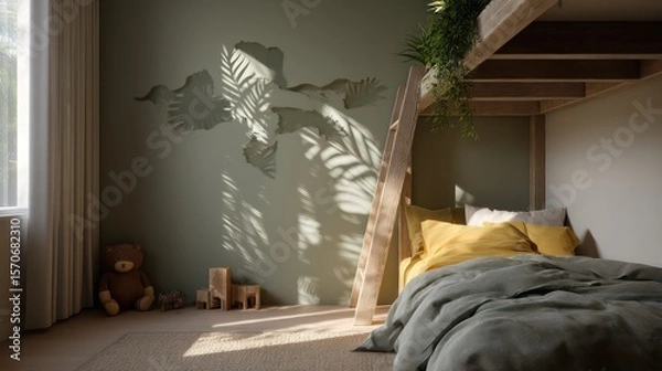 Fototapeta Kid bedroom in jungle tones, top corner light projecting animal pattern shadow onto floor, vibrant cotton bedding with