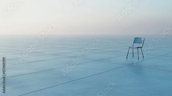 Fototapeta Lonely Chair on Vast Blue Tiled Plane  Solitude  Minimalism  Despair  Empty Space