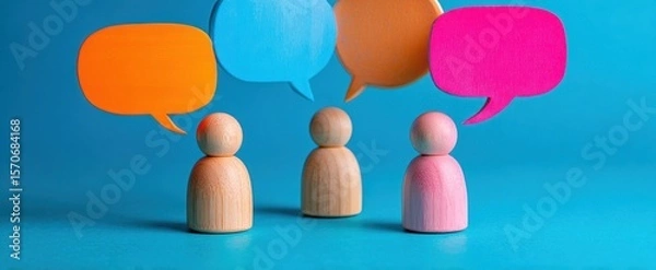 Fototapeta The wooden figures engaged in colorful conversations with speech bubbles.