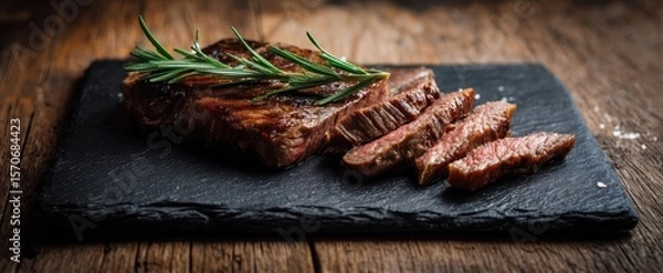 Fototapeta The delicious steak garnished with fresh rosemary on a rustic slate board.