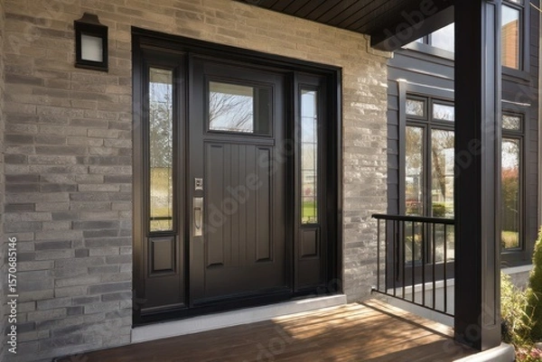 Fototapeta Stylish front exterior door with two sidelights, designed for a modern home entryway.
