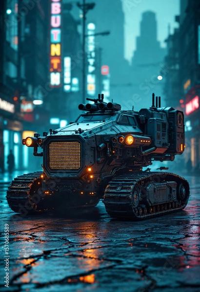 Fototapeta A weaponized, armored land vehicle built like an excavator, used by a bounty hunter in a cyberpunk world, equipped with mounted guns, scanners, and reinforced treads.