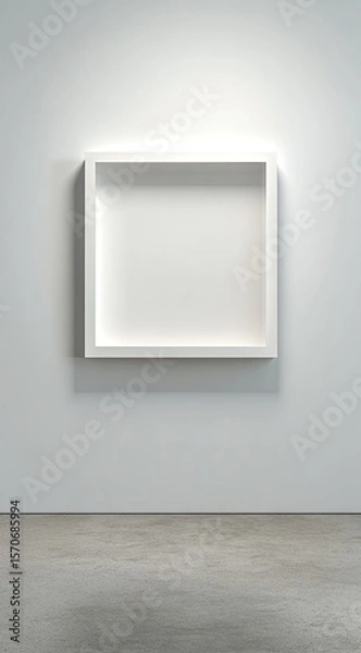 Fototapeta A minimalist white square recessed frame hangs on a pale wall above a polished concrete floor in a brightly lit gallery space