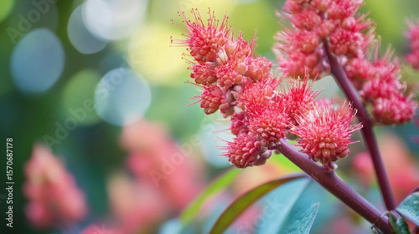 Fototapeta Aesculus parviflora bottlebrush buckeye flowers in full bloom with vibrant red blossoms and bokeh