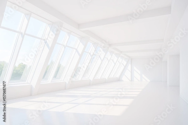 Fototapeta Bright modern loft with panoramic slanted windows, sunny white interior, empty minimalist apartment, clean real estate background, contemporary office or creative studio, copy space for design
