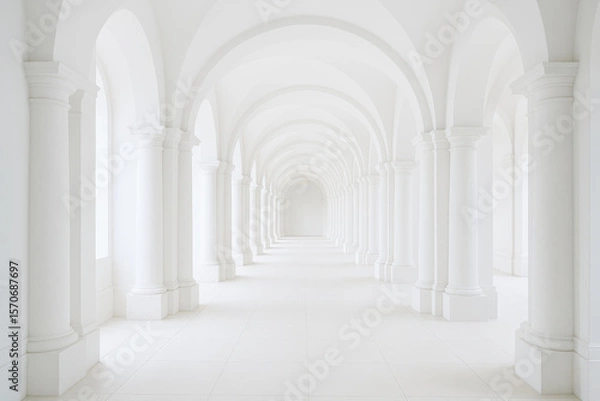 Fototapeta White minimalist classical gallery interior with arched columns, bright daylight and clean empty space for modern exhibition, architecture, museum, business or design background