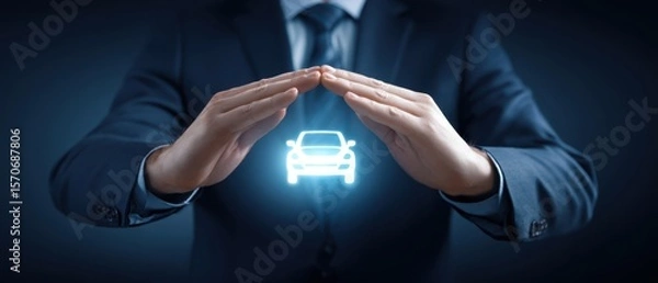 Fototapeta The businessman protecting a holographic car with his hands
