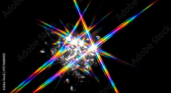 Fototapeta Diamond sparkle overlay with intersecting rainbow light beams, abstract crystal flare effect on black background for luxury and festive design