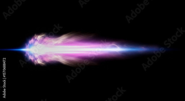 Fototapeta Futuristic energy beam overlay with blue and purple light on black background, science fiction laser or plasma weapon blast for visual effects