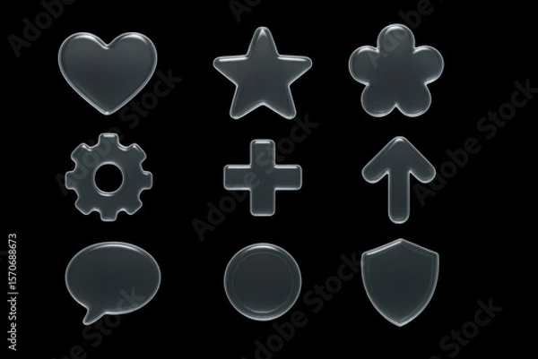 Fototapeta Shiny 3d glossy icon set for business presentations, infographics and statistics, high quality transparent pictograms isolated on elegant black background