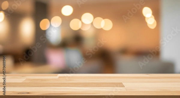 Fototapeta Classic Cafe theme. Empty wooden table top for product display with blurred background of restaurant interior and warm golden bokeh lights for montage