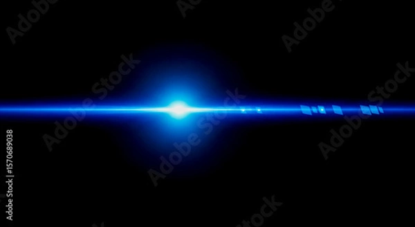 Fototapeta blue anamorphic lens flare overlay with sharp light streak, great futuristic digital effect isolated on pure black background