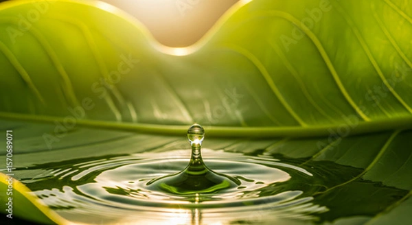 Fototapeta Macro shot of clear droplet creating beautiful ripple in pool of water, this serene tranquil image has wonderful golden sun flare
