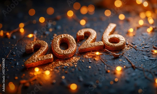 Fototapeta Magical new year 2026 background with golden glitter numbers, this beautiful festive holiday concept has amazing sparkling fairy lights