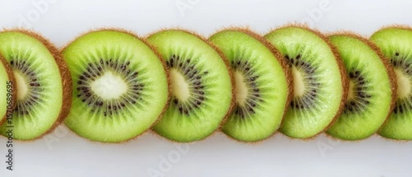 Fototapeta The vibrant arrangement of fresh kiwi slices on a white background