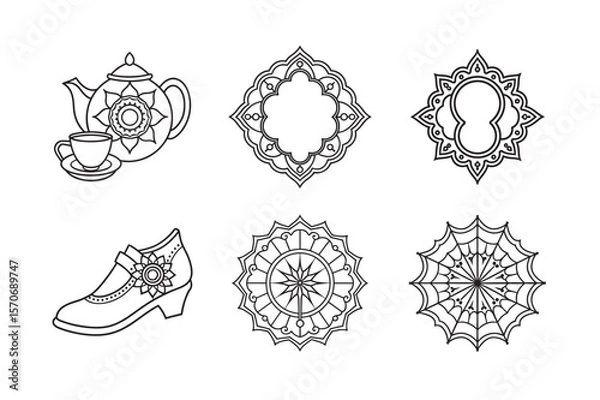 Fototapeta line art of floral,vectorian,mehdi,patern type,nature ,religion,architectural set bundle on the white background