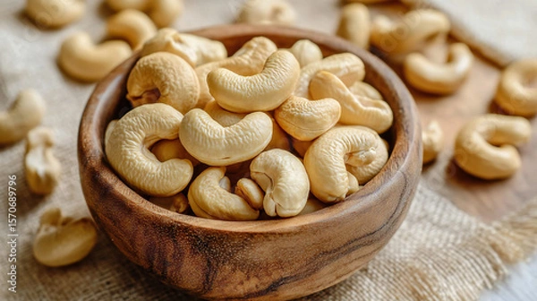 Fototapeta Wooden Bowl Overflowing with Cashews on Rustic Burlap Background