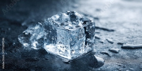 Fototapeta A close up of a single ice cube melting on a dark surface with condensation and water droplets