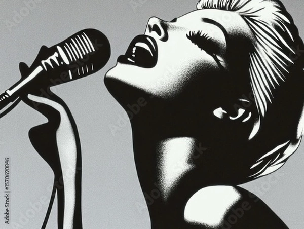 Fototapeta Dramatic Black and White Portrait of a Singer Performing with a Vintage Microphone