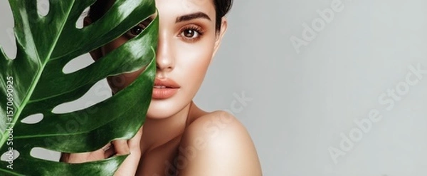 Fototapeta The beauty of a woman partially hidden behind a lush green leaf.