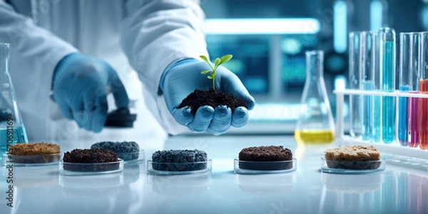 Fototapeta Scientist in white lab coat gently protecting a small green sprout growing from dark soil, on a white laboratory table, surrounded by colorful test tubes