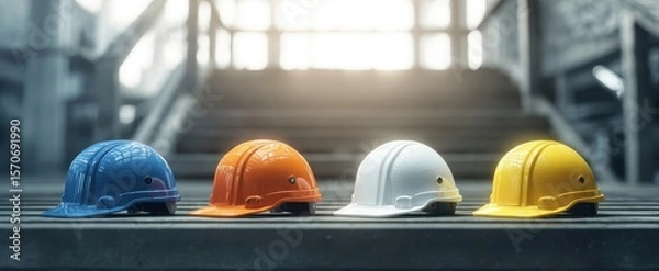 Fototapeta The colorful collection of safety helmets arranged on stairs.