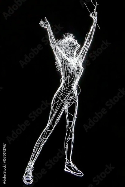 Fototapeta A Glowing Holographic Figure of a Rock Star Singing into a Microphone, Created with Digital Light Lines