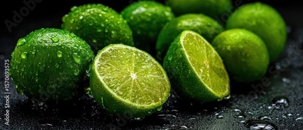 Fototapeta The vibrant limes glistening with fresh water droplets on a dark surface.