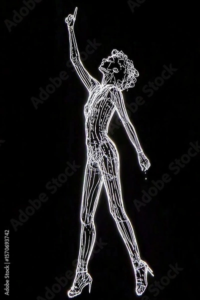Fototapeta A Glowing Holographic Figure of a Rock Star Singing into a Microphone, Created with Digital Light Lines