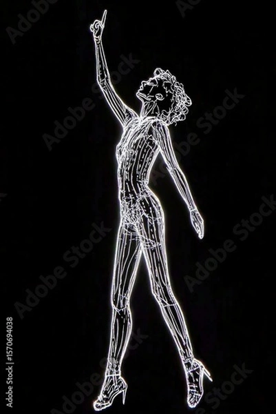 Fototapeta A Glowing Holographic Figure of a Rock Star Singing into a Microphone, Created with Digital Light Lines