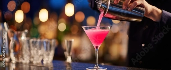 Fototapeta The bartender expertly mixes a vibrant pink cocktail at an upscale bar setting.