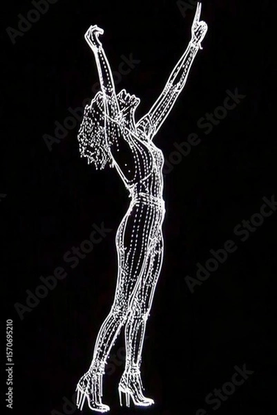 Fototapeta Full Body Illustration of a Singer, Created from Chaotic Yet Elegant White Lines, Against a Stark Black Background