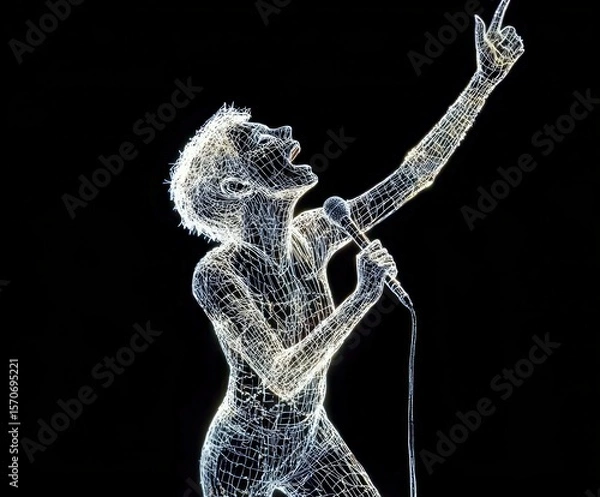 Fototapeta A Glowing Holographic Figure of a Rock Star Singing into a Microphone, Created with Digital Light Lines