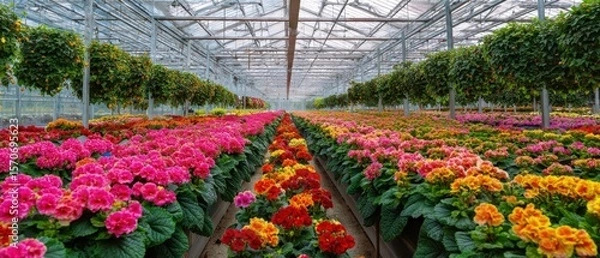 Fototapeta The vibrant array of flowers flourishing in a greenhouse setting.