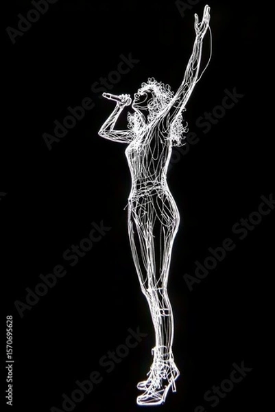 Fototapeta A Glowing Holographic Figure of a Rock Star Singing into a Microphone, Created with Digital Light Lines