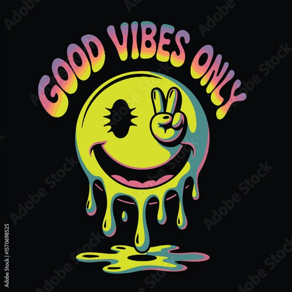 Fototapeta Melting smiley face with peace sign and colorful dripping text good vibes only