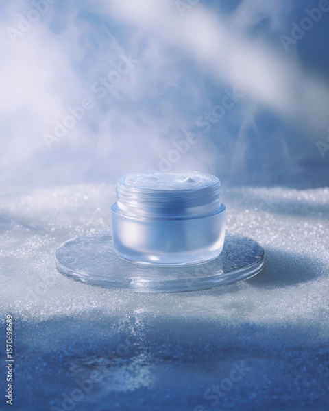Fototapeta Cream container emits mist on a cold glass base
