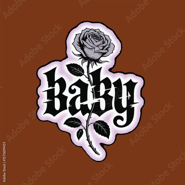 Fototapeta Black and white rose with the word baby in gothic font on brown background