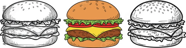 Fototapeta Hand drawn doodle hamburger illustrations in sketch line art. restaurant branding, menu design, fast food marketing, and vintage style food graphics.