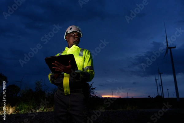 Fototapeta Engineers surveying the power generation at a wind farm, natural energy, industry and environment, clean energy at night