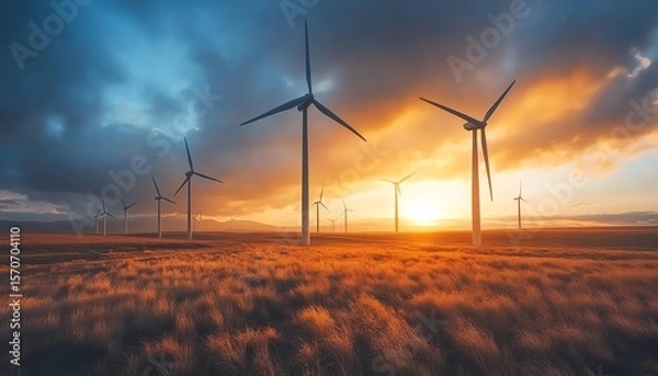 Fototapeta Wind turbines against a stunning sunset sky.